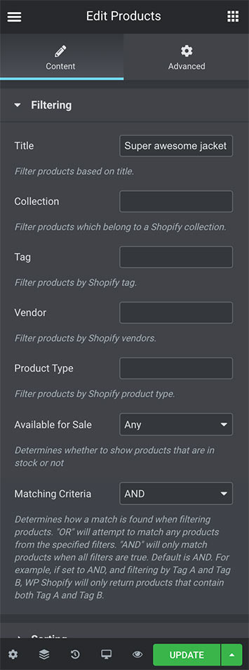 ShopWP Pro Elementor Module Sorting Settings