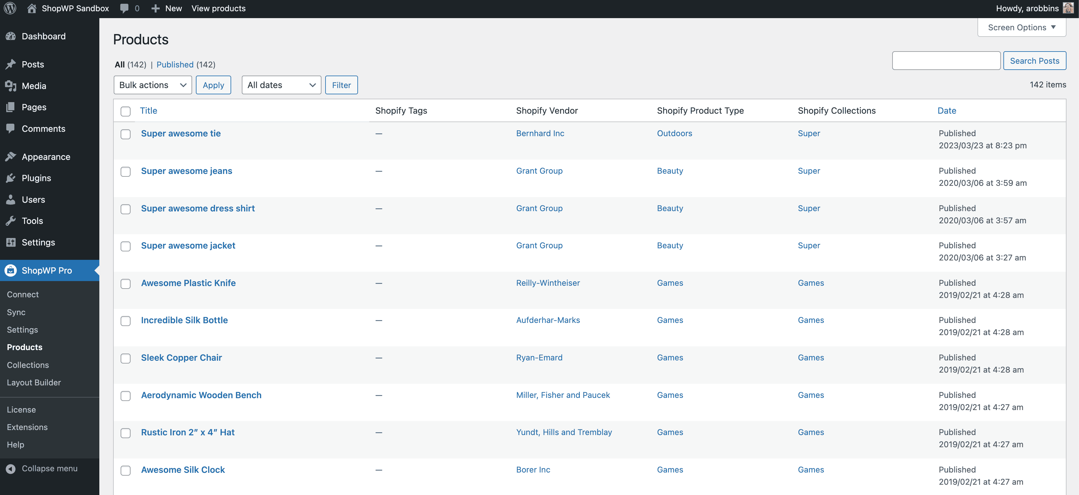 ShopWP custom post types listing page