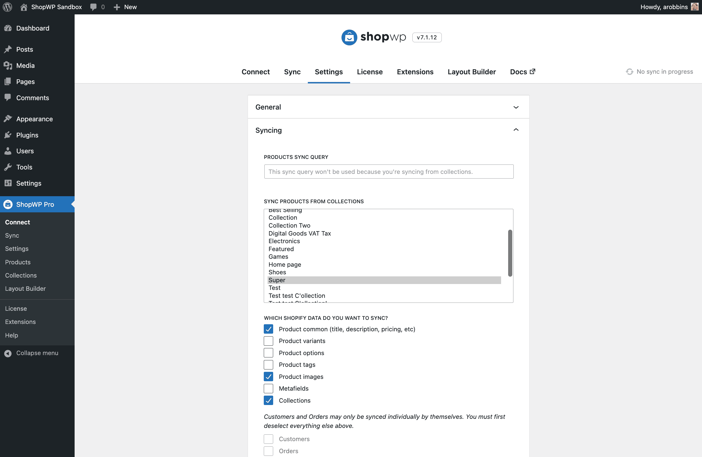 ShopWP syncing settings page