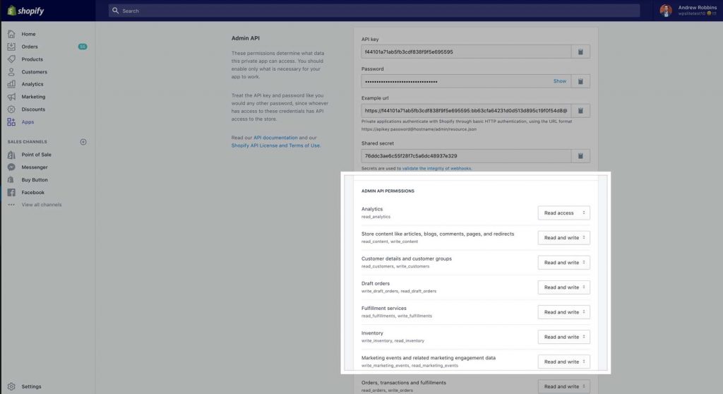 Shopify API permissions screen