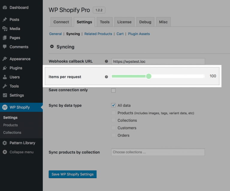 WP Shopify items per request setting
