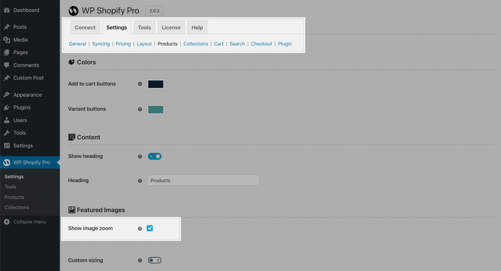 An example of the ShopWP settings screen