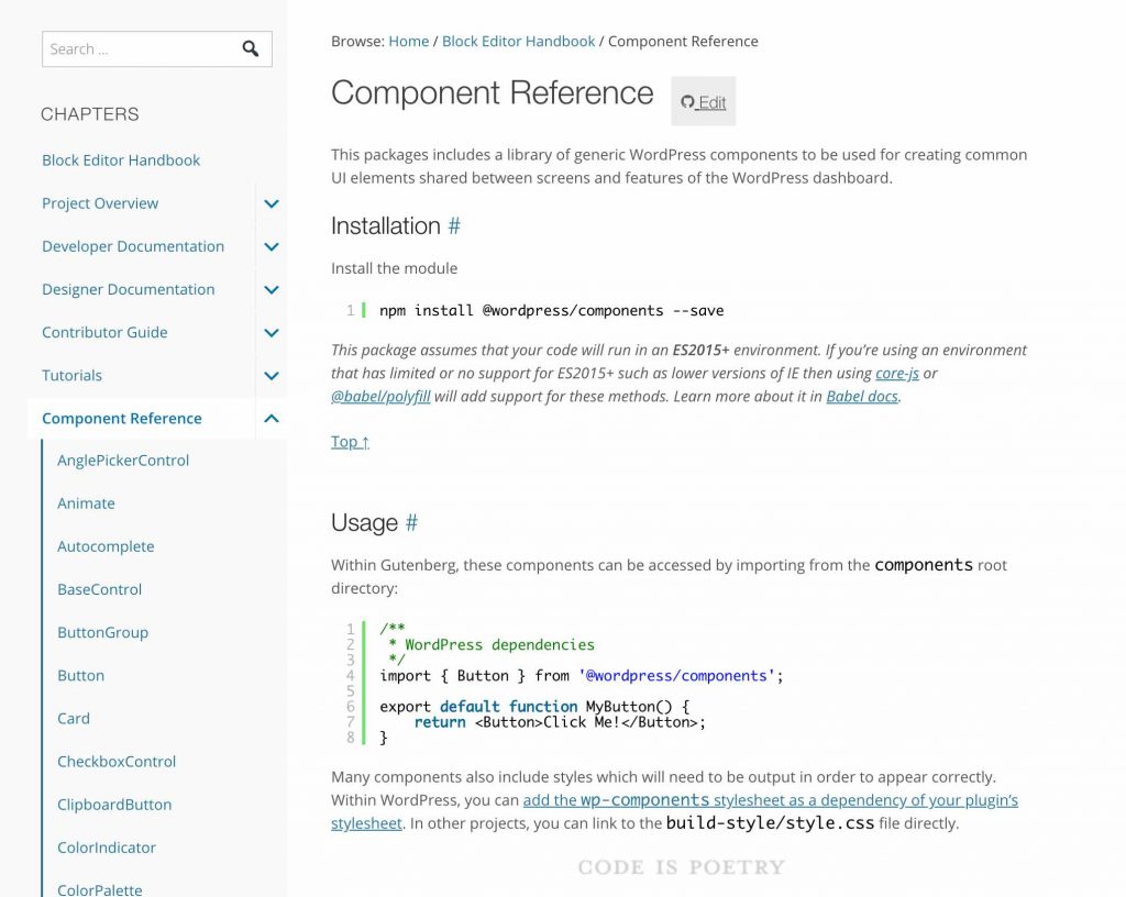 Screenshot of the WordPress documentation site