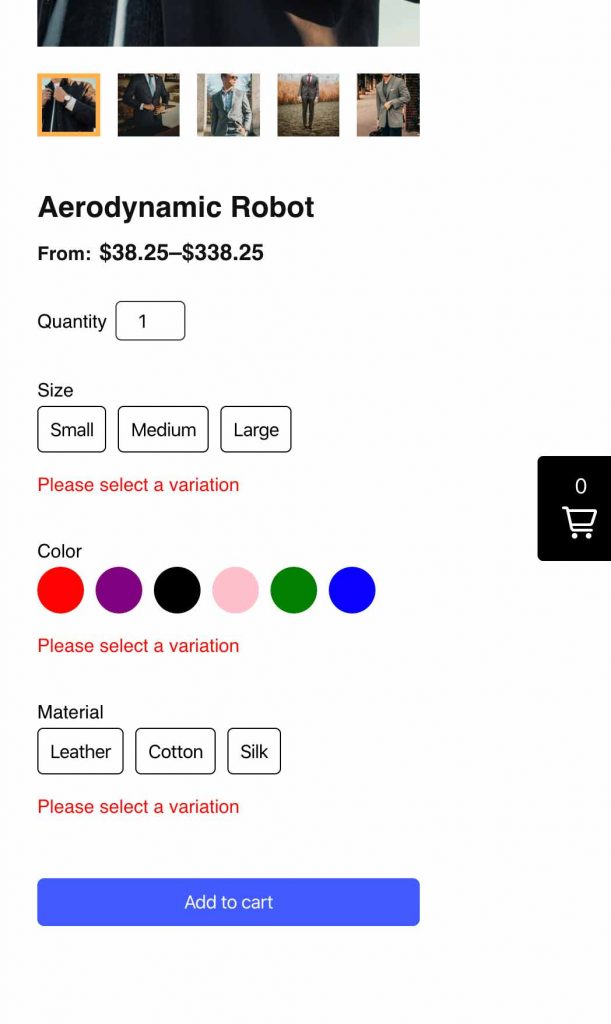 An example of ShopWP missing product variant selections