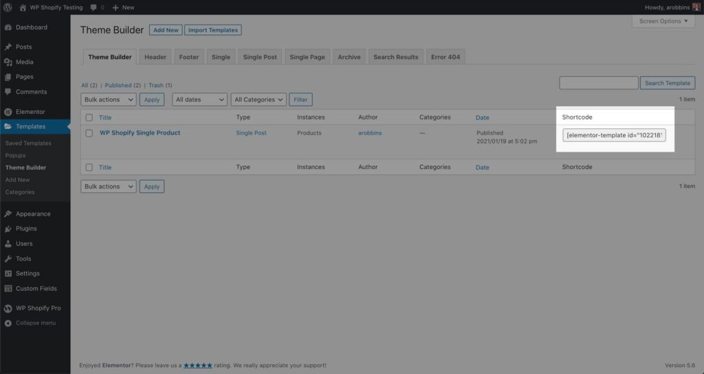 How to find the Elementor template shortcode for ShopWP