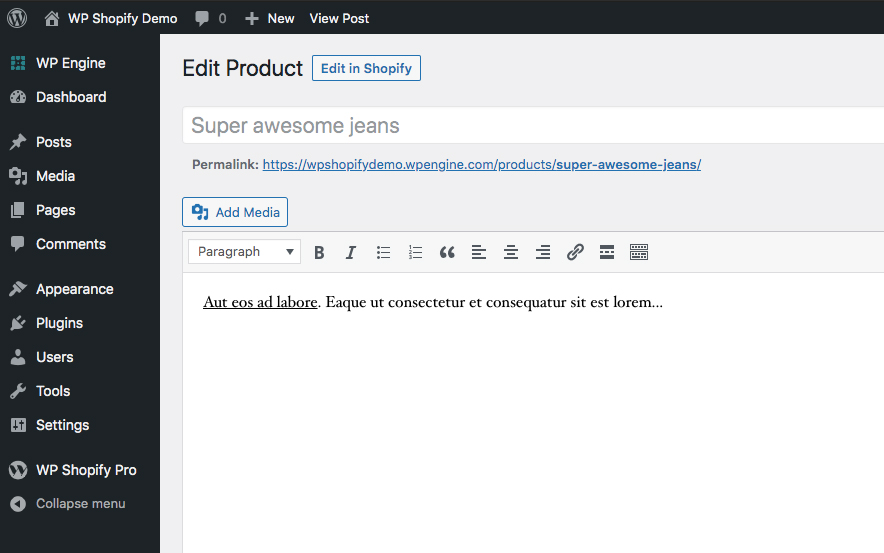 An example of the edit in Shopify button within the ShopWP product screen