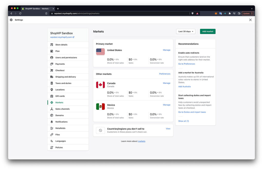 Screenshot of the Shopify Markets settings