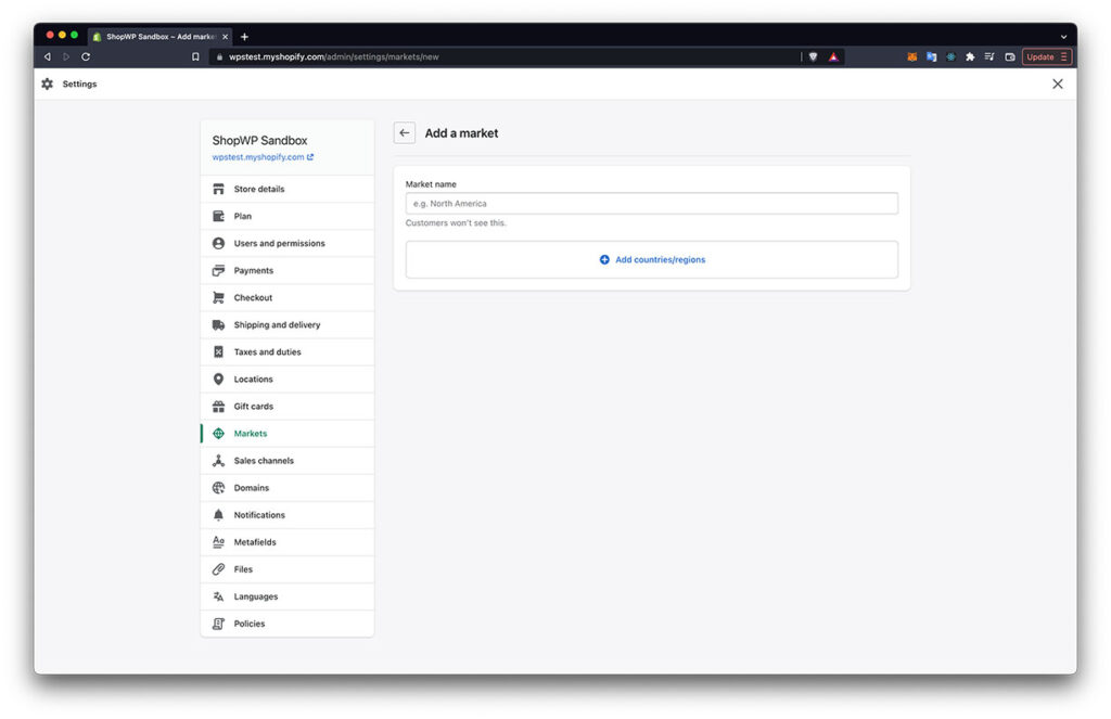 Screenshot showing how to access the Shopify Markets settings