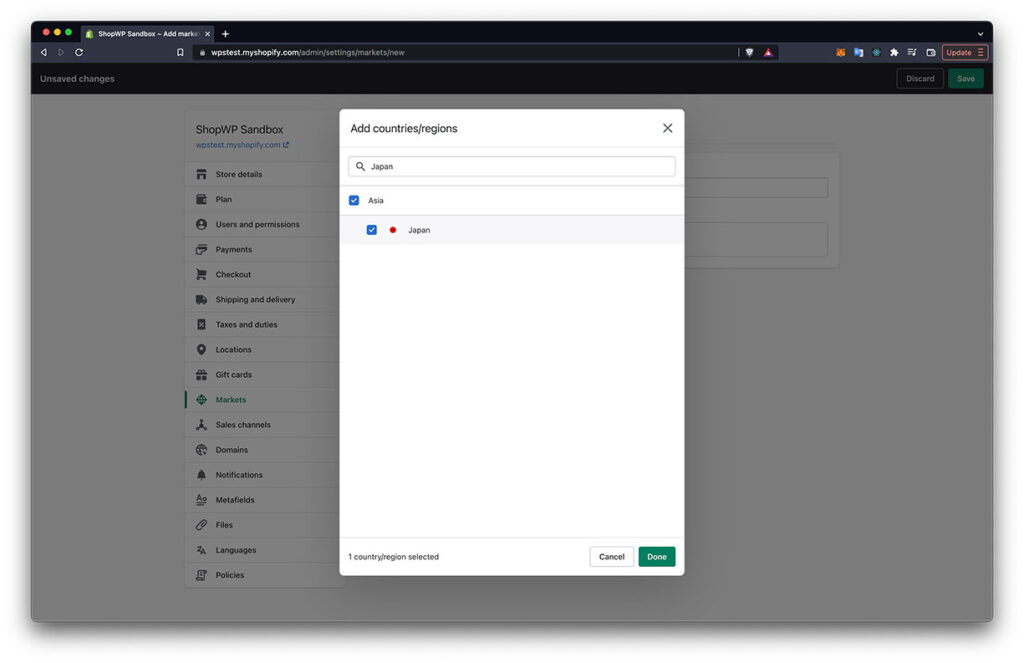 Screenshot showing how to choose a specific country / region for your market