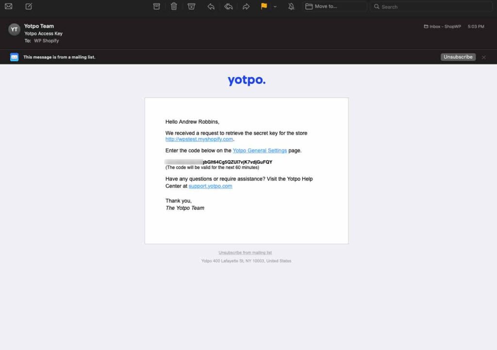 Screenshot of the confirmation email sent by Yotpo