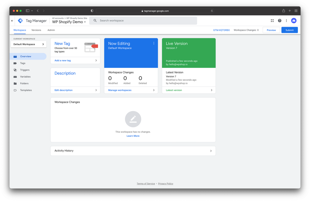 Screenshot of the Google Tag Manager dashboard