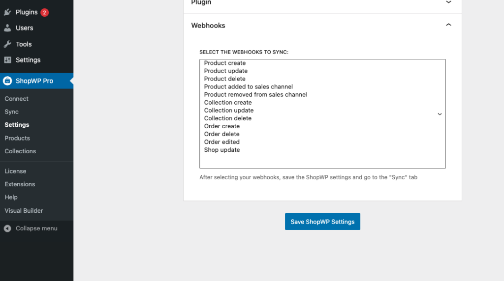 Example screenshot showing the admin settings for ShopWP webhooks.