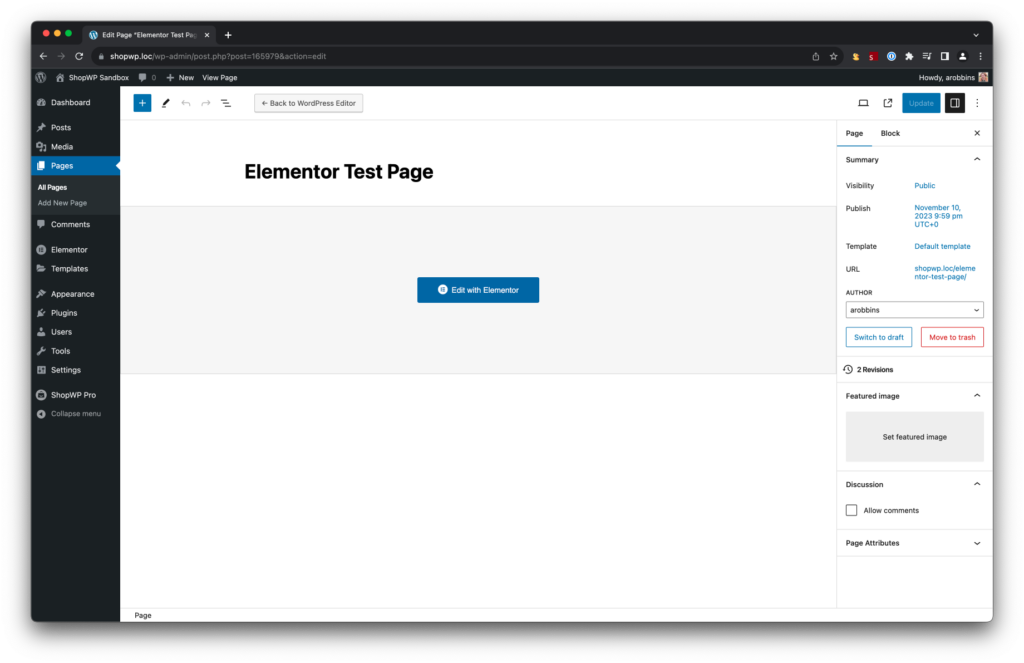 A screenshot showing the WordPress edit page screen of a new page.