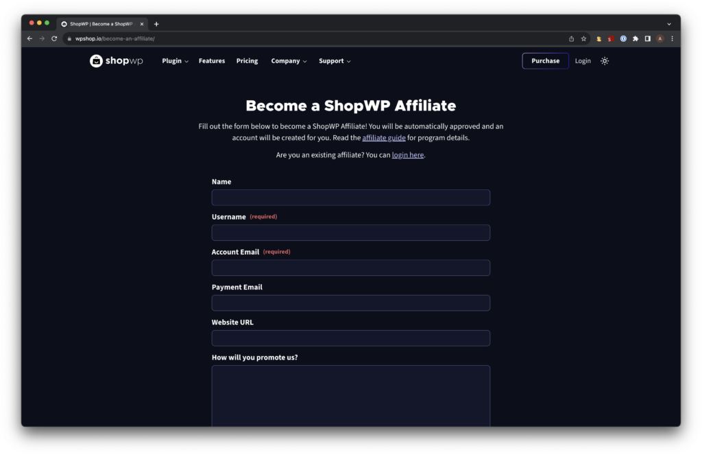 A screenshot of the ShopWP affiliate sign up page