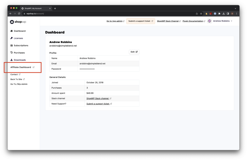 Accessing your ShopWP affiliate portal