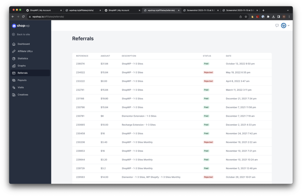 The ShopWP affiliate referrals section