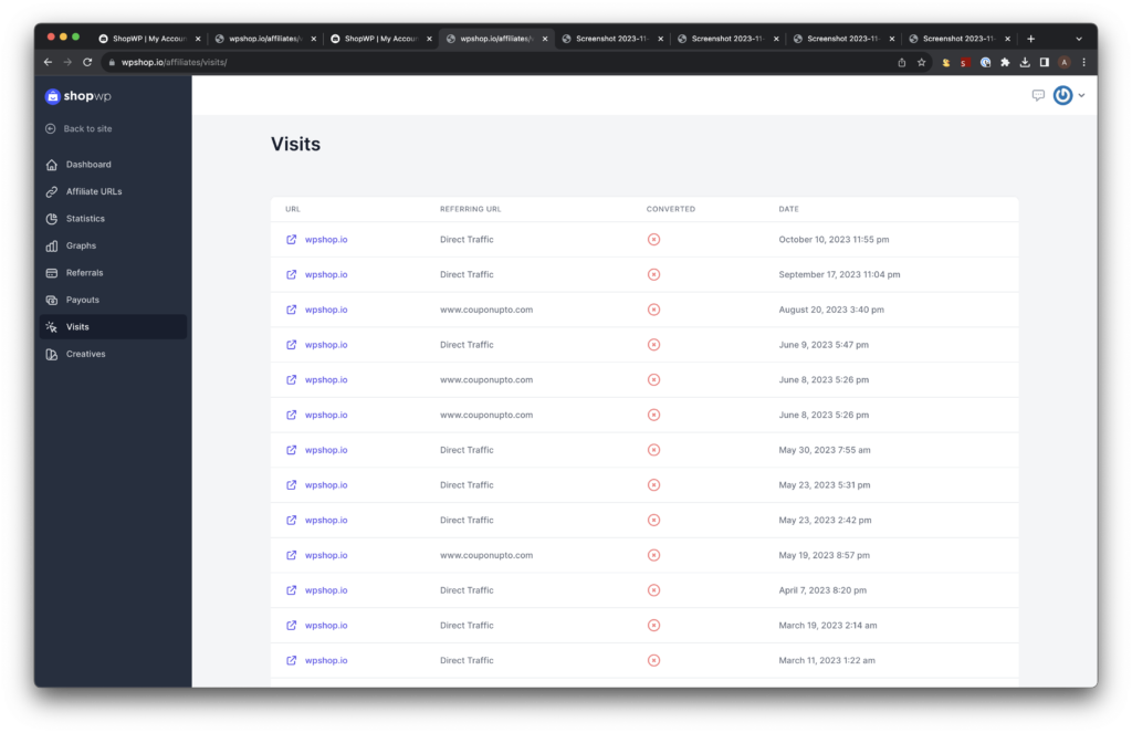 The ShopWP affiliate visits tab