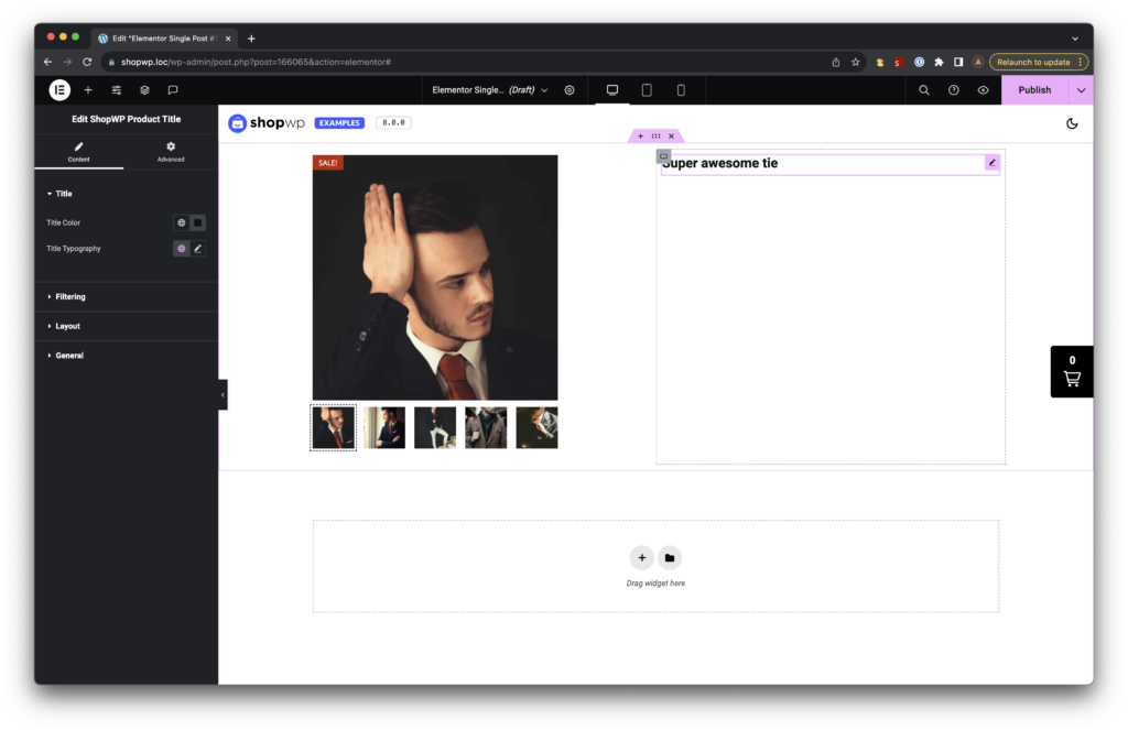 Showing how to add the product title widget to our Elementor layout