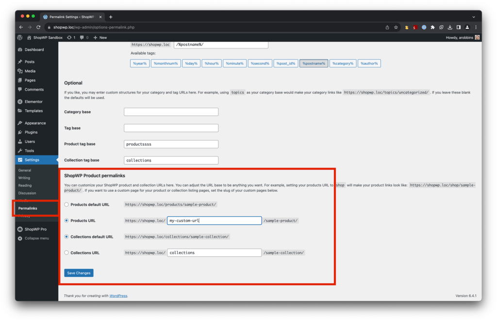 The permalink settings for changing the default ShopWP urls