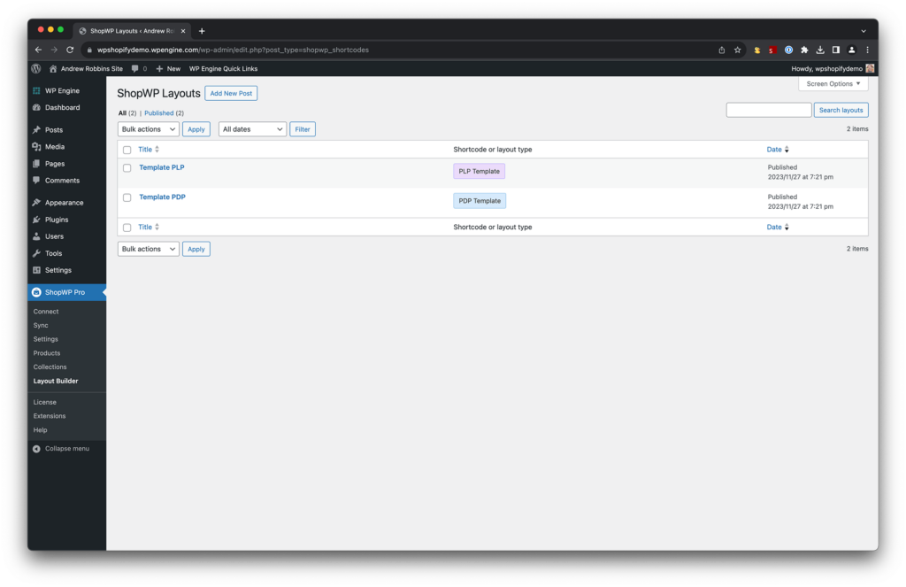 The admin screen showing the ShopWP templates for product pages