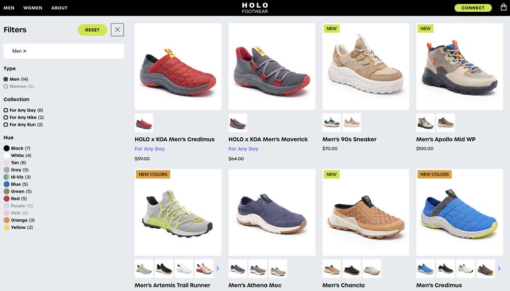 HOLO Footwear shop page screenshot