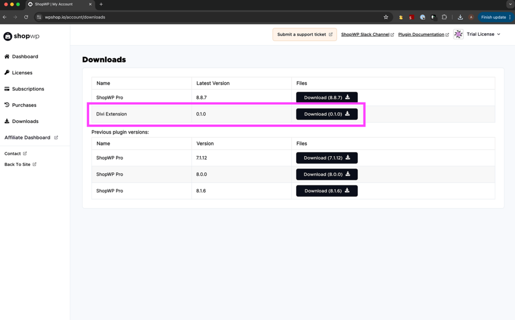 ShopWP account page to download Divi extension