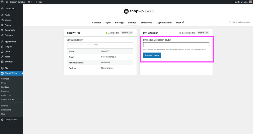 Activating the ShopWP Divi license key