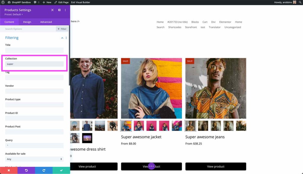 The ShopWP Divi module showing a list of products, filtered by collection