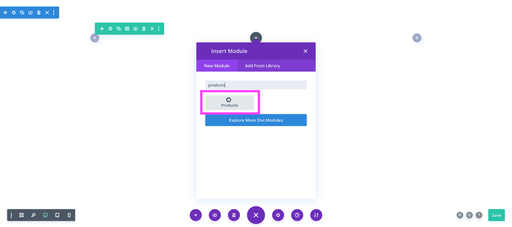 Searching for the products module inside Divi builder