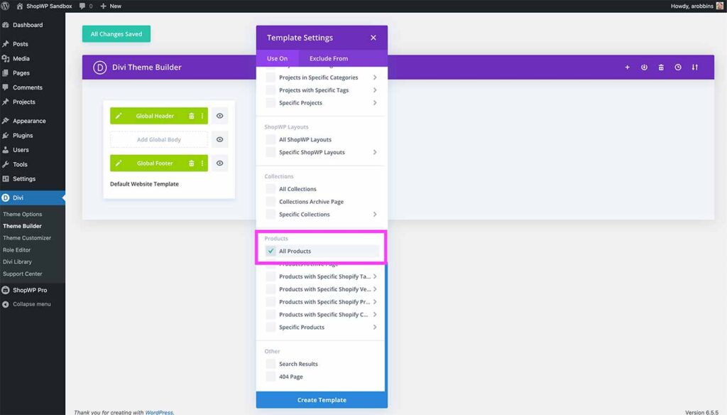 Custom Divi template settings